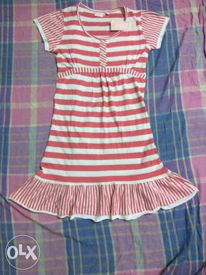 Pink and white striped casual cotton dress, Size