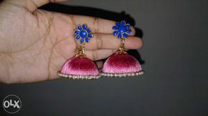 Pink-brown-blue Jhumka Earrings