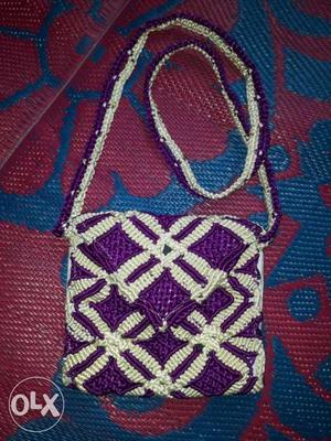 Purple And White Knitted Sling Bag