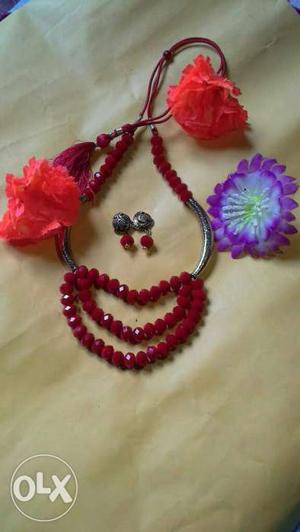 Red Beaded Rosette Necklace