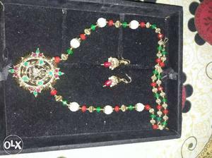 Red, Green, And Yellow Beaded Pendant Necklace And Pair Of