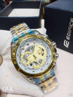 Round Gold Edifice Chronograph Watch With Gold And Silver