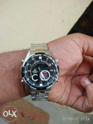 Round Silver Casio Edifice Chronograph Watch With Link