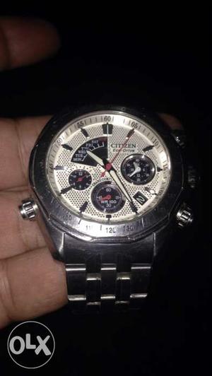 Round Silver Citizen Chronograph Watch With Link Bracelet