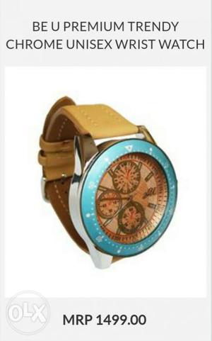 Round Teal And Brown Chronograph Watch With Brown Rubber