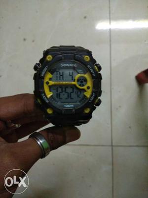 Round Yellow Digital Watch With Rubber Band Bracelet