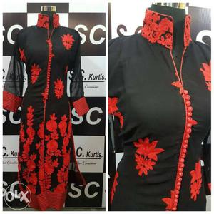 Women's Black And Red Floral Long-sleeves Dress