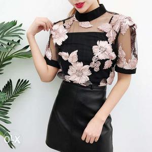 Women's Black And White Flower Print Sheer Dress