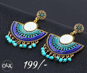 Women's Gold, White, Teal, And Blue Dangle Earrings