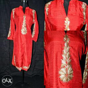 Women's Red And Brown Floral Appliqued Long-sleeved Dress