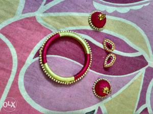 Women's Red And Gold Bangle Bracelet And Earrings