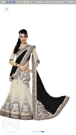 Women's White And Black Sari