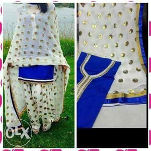 Women's White, Gold And Blue Sari