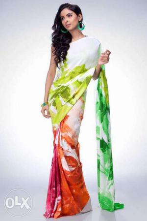 Women's White,yellow, Pink, Orange And Green Tie-dyed Sari