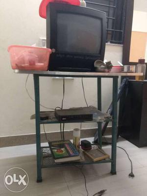 Black CRT Television; TV stand table, airtel digital box