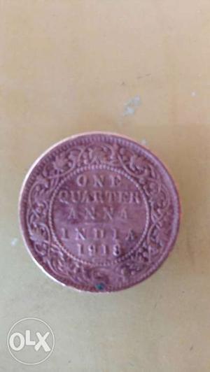 Round Copper One Quarter Anna India  Coin
