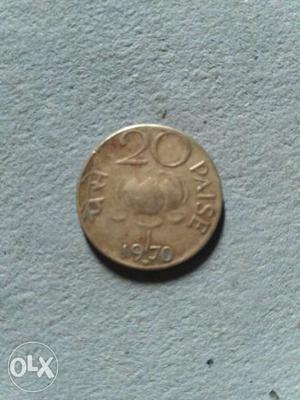 Round Silver 20 Indian Paise  Coin