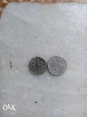 Antique coin 25 paisa  and American one Dime