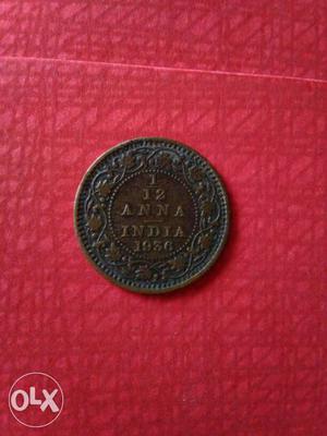 Round Bronze 1/2 Anna India  Coin