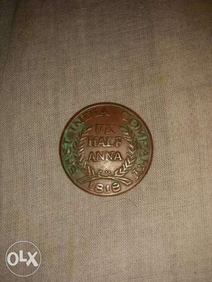 Round  Bronze UK Half Anna Coin