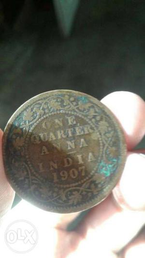 Round  Brown One Quarter Anna India Coin