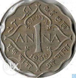 Old 1 anna coin from the year . only genuine