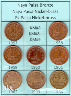 8 Indian Naya Paisa Coin Lot: Year ,