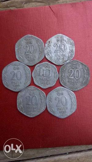 Six 20 Indian Paise Coins;  Indian Paise Coin