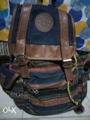 Brown, And Blue Leather Knapsack