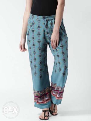 Mast and Harbour Teal Blue Printed Casual Trousers