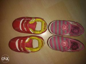 Pink And Grey Slip Ons; Red And Yellow Velcro Shoes