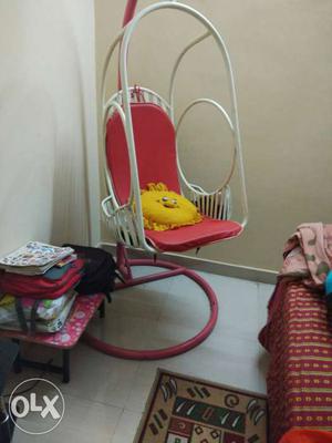 White Wooden Red Padded Hanging Chair