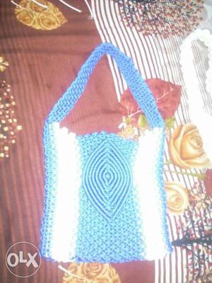 Women's Blue And White Knitted Handbag