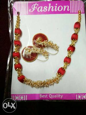 Gold And Red Beaded Necklace With Jhumkas