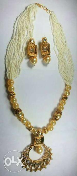 Gold-colored Pearl Beaded Necklace And Earrings