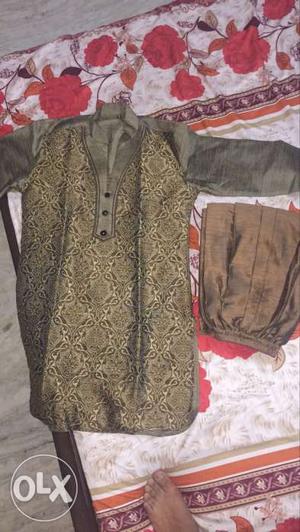 Men's Beige And Grey Floral Traditional Dress