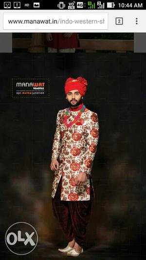 Men's Red And White Floral Sherwani With Turban