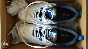 Pair Of White and Blue badminton shoes