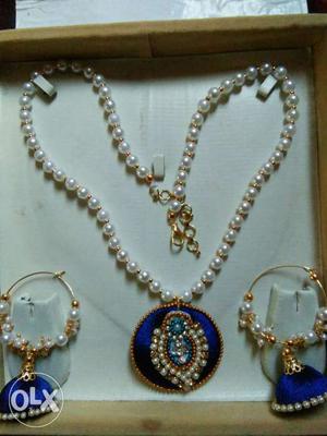 Pearl chain with royal blue silk thread ear ring