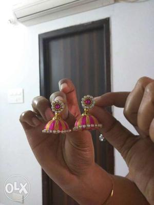 Pink-and-yellow Stripe Jhumka Earrings