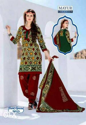 Red, Green And White Salwar Kameez