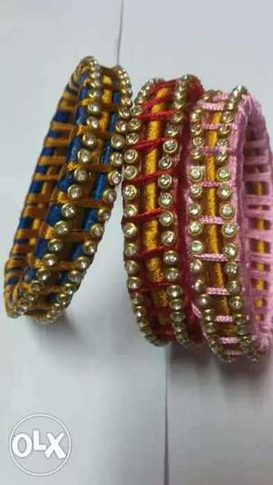 Three Blue Red And Pink Silk Thread Bangles