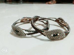 Two Diamond Embellished Silver Bangles
