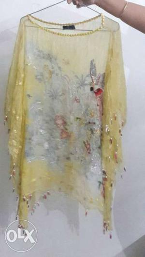 White And Yellow Sequined Scoop Neckline Blouse