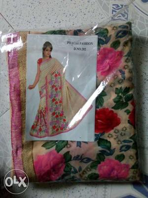 White, Green, And Pink Floral Sari