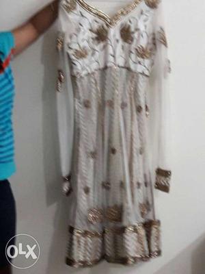 Women's White And Brown Long Sleeve Dress