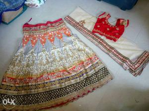 Women's White, Red, Orange And Gray Sari