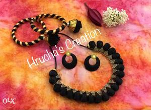 Black Handmade Necklace, Earrings and two bengals Set