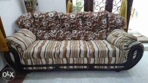 Black Wooden Frame Brown And White Stripes Floral 3 Seat