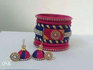 Blue with pink Silk thread bangles and earrings